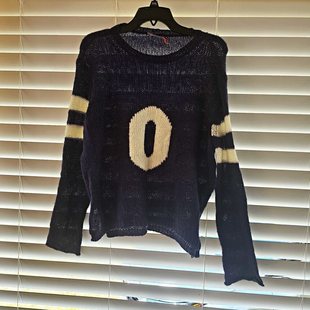 Wooden Ships Open-Knit Striped Crewneck Pullover Sweater Black/White S/M